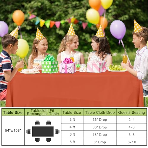 Image of Smiry Disposable Table Cloth - 6 Pack, 54 x 108 Inch Waterproof Rectangle Tablecloths for Parties, Decorative Plastic Table Cover, Leakproof & Sturdy, Burnt Orange