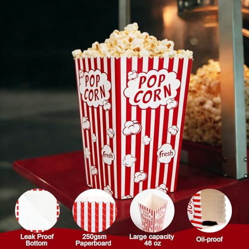 Image of 100 Pack Popcorn Boxes,58 oz Paper Popcorn Containers,Red and White Striped Close-Top Cardboard Pop Corners Bags Individual Servings (100, 58 Oz)