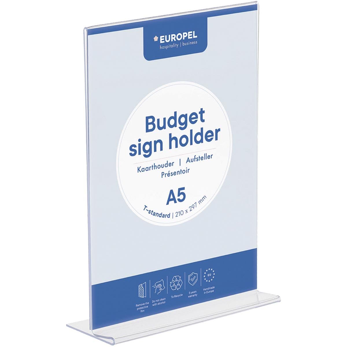 EUROPEL budget sign display holder, T-stand, clear polystyrene 1.5 mm, menu & folder Display holder for restaurants, hotels, conference & reception, double-sided, A5 size, 148 x 210 mm — image 1