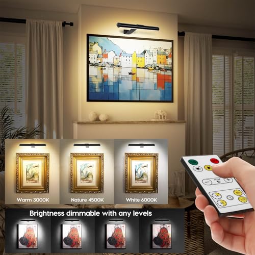 Image of Picture Light Battery,Brightness Dimmable Timer Setting,Rechargeable Painting Light for Pictures Display Art on Wall with 3 Colors Lighting Remote,Used for Frames Dartboard Portrait