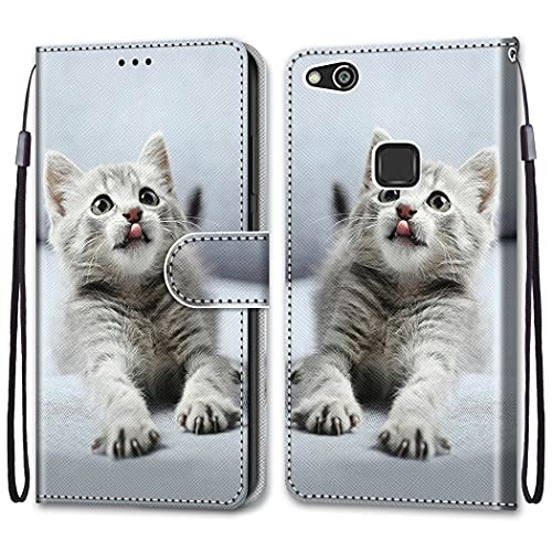 Nancencen - Cover compatibile con Huawei P10 Lite, con fessure per carte di credito, applicabile Huawei P10 Lite, motivo: gatto