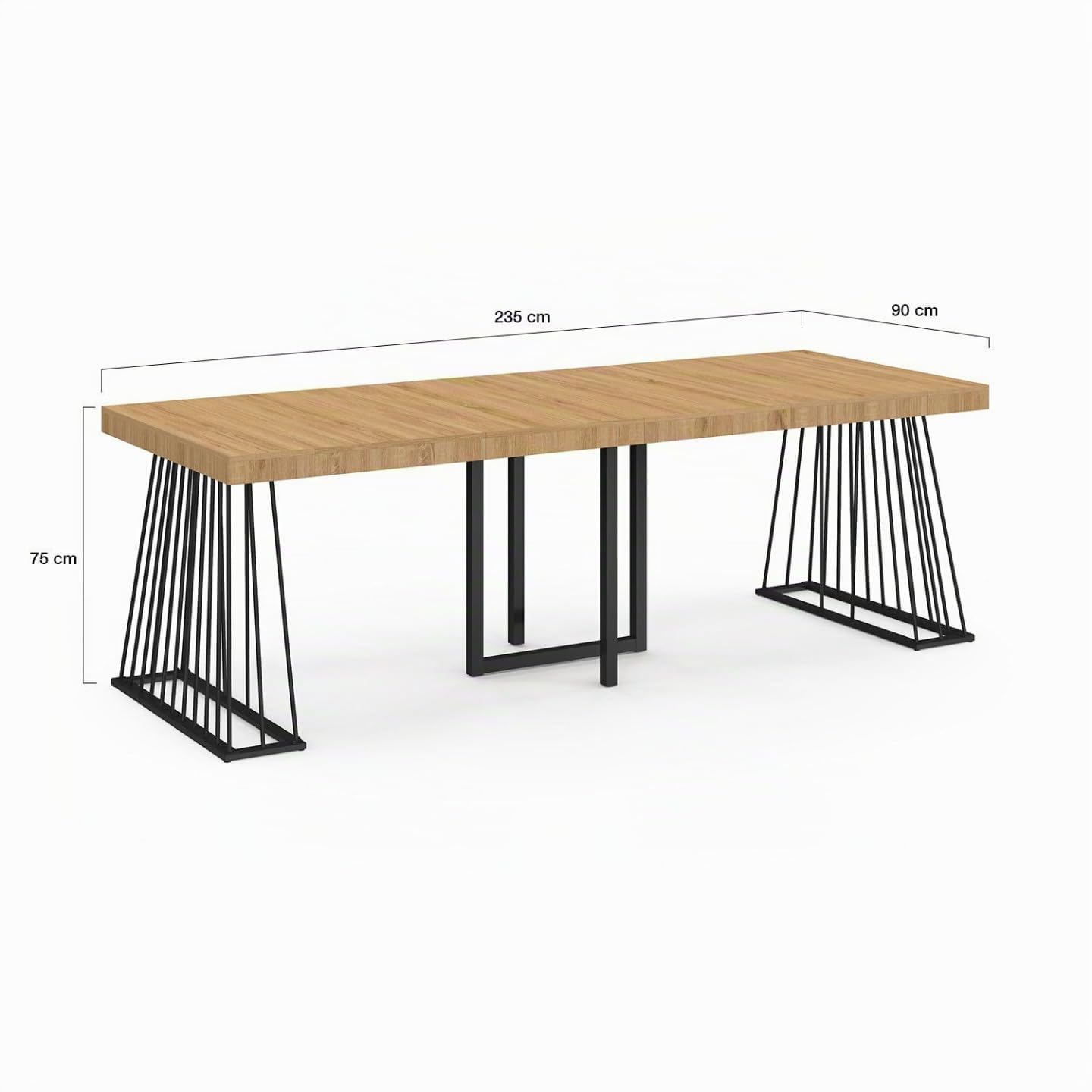 IDMarket - Consolle allungabile YUNA, 10 posti, 235 cm, con piano in legno e gamba in filo metallico nero