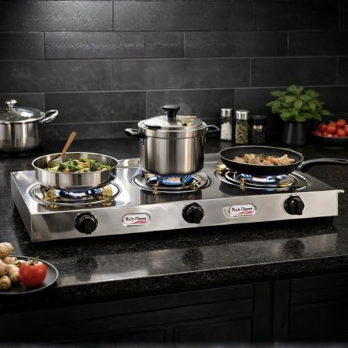 RICH FLAME Gas Stove 3 Burners | ISI Certified | Gas Chulha, Brass Burner, Fuel Efficient Burner, LPG & PNG Compatible