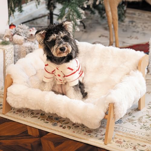 CheerPals Erhöhtes Katzenbett aus Buchenholz, 70x47cm Großes Katzensofa, Katzenstuhl mit Abnehmbarem Waschbar Plüschdecke (Baumwoll-Füllung), Belastbar mit 15 kg, zum Schlafen für Alle Katze