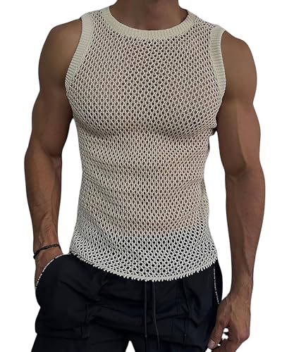 BAIMORE Men's Street Solid Round Neck Sleeveless Hollow Out Knit Sweater Vest Tank Top