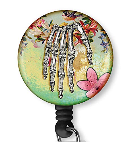 Flower Bones of Hand Retractable ID Card Badge Holder with Alligator Clip, Name Nurse Decorative Badge Reel Clip on Card Holders