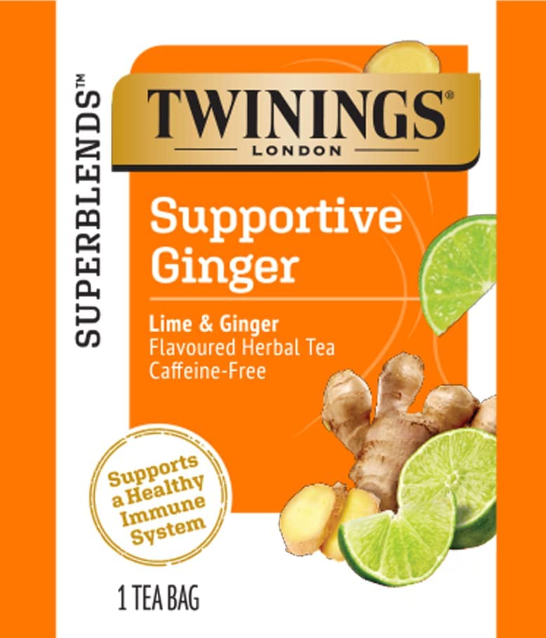 Image of Twinings Superblends Supportive Ginger Lime & Ginger Flavoured Herbal Tea, Caffeine-Free, Supports Healthy Immune System, 18 Tea Bags,27 Grams