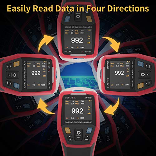 Digital Coating Thickness Gauge Meter with 2” LCD Display Backlight/Rotatable Color Display/ 3 Color Warning Light for Automotive Paint Thickness Measurement, Data Store Analysis