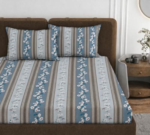 Image of VOMZER 320 TC Cotton Feel All Around Elastic Fitted Bedsheets Queen Size, Premium Fitted Bedsheets Queen Size for Double Bed with 2 Pillow Covers, Size- 78 inch x 60 inch (Grey Blossom)