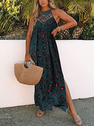 Image of FARORO Sleeveless Long Dress for Women Boho Halter Maxi Sundress Casual Loose Dresses Split Cover Up Gown with Pockets