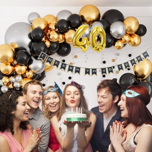 Image of WP Wanna Party Happy 40th Birthday Decorations Combo Kit - 33 pcs | Happy Birthday Decoration Kit | Men and Women |Birthday Banner | Gold, Black and Silver Balloon | 40 Numerical Gold Balloon