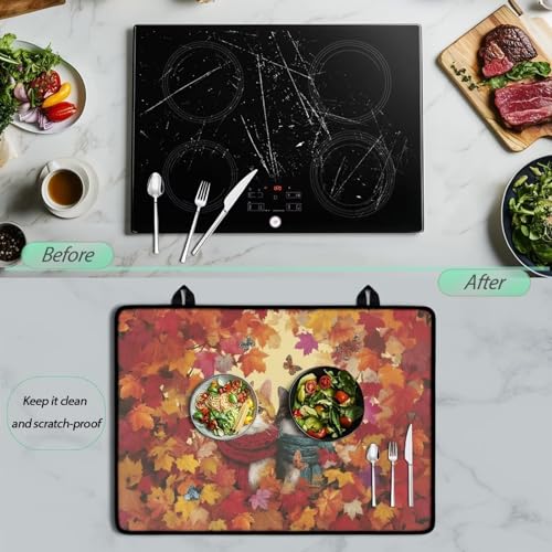 Image of Stove Cover Dust Mat, Thanksgiving Maple Cat, Heart Resistant Ceramic Glass Electric Stove Top Cover, Extra Large Stovetop Cover for Electric, Thanksgiving Decor