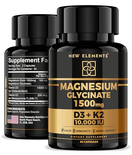 Magnesium Glycinate 1500mg with Vitamin D3 K2 10,000 IU - Bone Health, Immune Support, Energy & Mood - Non-GMO, Gluten-Free, 60 Vegan Capsules for Women & Men