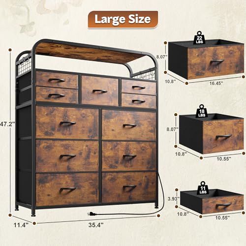 Dresser with LED Lights & Charging Station, Dresser for Bedroom with 2 Tier Shelves & 4 Hooks, 11 Drawers Entertainment Center, Closet, Living Room, Entryway, Sturdy Frame,Wooden Top, Rustic Brown - Image 3