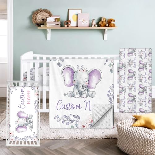 Hatchaa Custom Baby Crib Bedding Set - Purple Elephant Theme Personalized Name Baby Nursery Bedding 3 Piece Set, Toddler Bedding Sets for Girls, Customized Gift for Infants Newborns New Parents