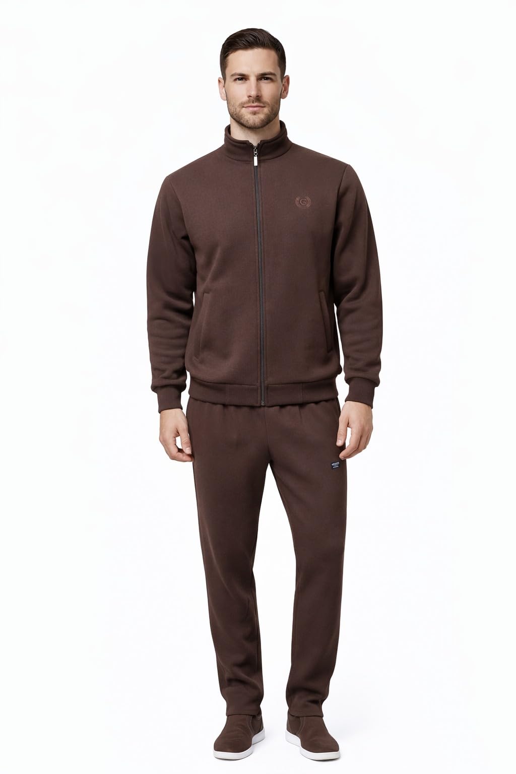 Men's Premium Fleece Winter Tracksuit, Brown, Full Zip Jacket and Pants Set, Super Warm for Sports, Gym, Jogging
