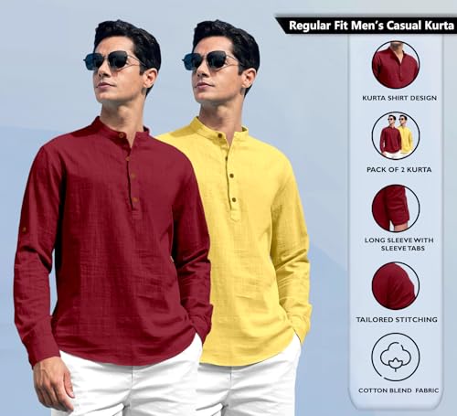 Image of Zombom Combo of Men's Solid Cotton Polyester Blend Full Sleeve Straight Kurta Shirt (Pack of 2)