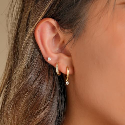 Bsoepnr 3 Pairs Gold Hoop Earrings Set for Multiple Piercings, 14K Gold Plated Dainty Stud Trendy Small Dangle Cartilage Huggie Hoop Earrings for Women3