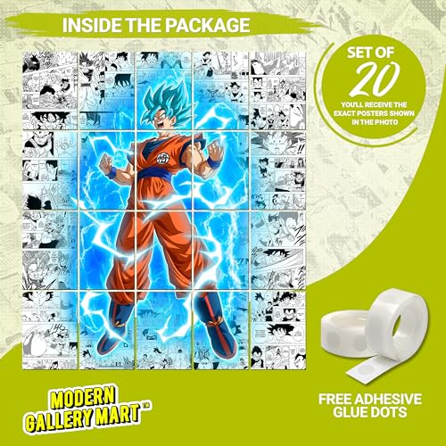 Image of MODERN GALLERY MART Pack of 20 Dragon Ball Goku Manga Poster | A4 Size Anime Wall Art (8.3 x 11.7 inch) | Manga Posters with Glue Dots | Anime Poster for Bedroom, Living Room, Office