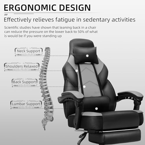 Shintenchi Gaming Chair, Computer Chair with Footrest and Lumbar Support,Video Game Chair Height Adjustable,Racing Style Computer Chair with 360°-Swivel Seat and Headrest (Grey) - Image 6