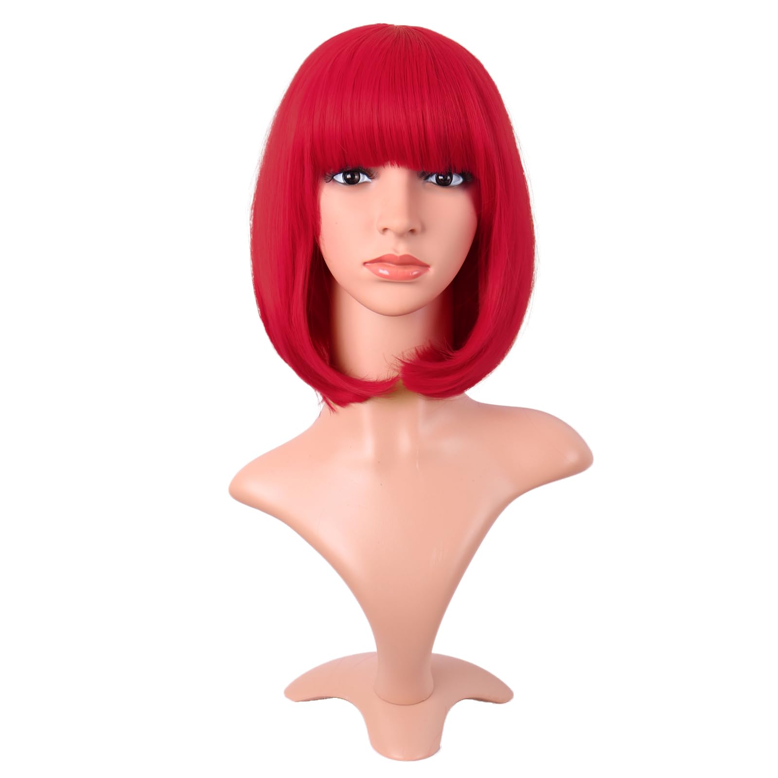 MapofBeauty 12 Inch /30 cm Fashion Lady Short Straight Synthetic Flat Bangs Bob Wig (Bright Red), 54.61 cm
