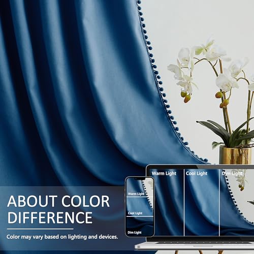 Image of Pom Pom Curtains 90 inch Navy Royal Blue Blackout Curtains Bedroom Windows Drapes Triple Weave Thermal Insulated Curtain Panels for Men Boys Nursery Room Studio Hotel 52 inchw x2 Panels Rod Pocket