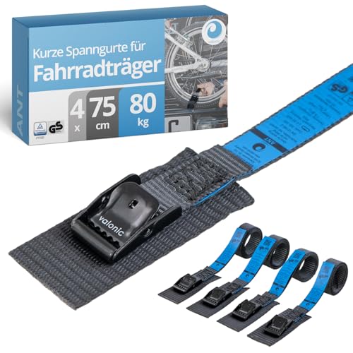 valonic ANT - 4X 75cm Kurze Spanngurte für Fahrradträger gepolstert Blaue Fahne TÜV Rheinl. / GS Zertifiziert Spanngurt mit Klemmschloss schwarz - für Dachbox Fahrrad Bike Zurrgurt