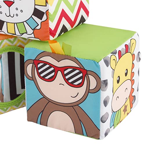 Image of NoJo Sassy Baby Eli Elephant, Zebra and Monkey Multi-Colored Developmental Plush Baby Blocks, Set of Three with Crinkle, Mirror and Chime