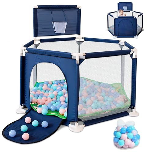 JUPPLIES Parque Infantil Bebe 127x127cm Hexagonal – Corralito Bebe con Malla Transpirable – Parque de Juegos Bebe con Puerta Lateral – Playpen Bebe - Parque con Canasta y Pelotas