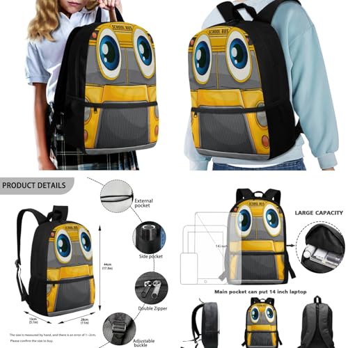 Yellow School Bus Travel Backpack for Teen Girls Boys 4 Pcs School Bag Set with Insulated Lunch Bag Pencil Case Water Bottle Holder Sleeve Casual Bookbag Shoulder Bagpack Sets2