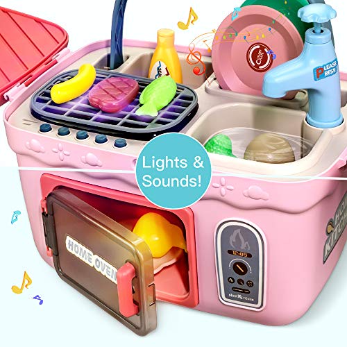 WQ Play Kitchen Sink Toys, Pretend Picnic Playset Toy with Realistic Light and Sound, Cookware Pot and Pan, Color Changing Play Food, Play House Pretend Role Play Toys for Boys Girls Christmas