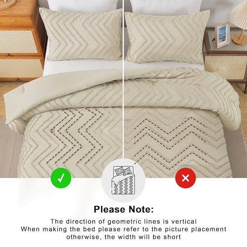 Image of Andency Light Khaki Comforter Set Queen Size, Boho Soft Warm Tufted Bedding Comforter Sets for Queen Size Bed, 3 Pieces Aesthetic Chevron Farmhouse Cute Bohemian Textured Bed Set