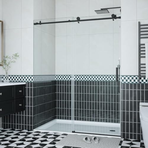 Image of 56-60 inch Frameless Sliding Shower Enclosure, 76 inch H, 8mm Glass, Matte Black | Adjustable width, clear tempered glass, for walk-in showers