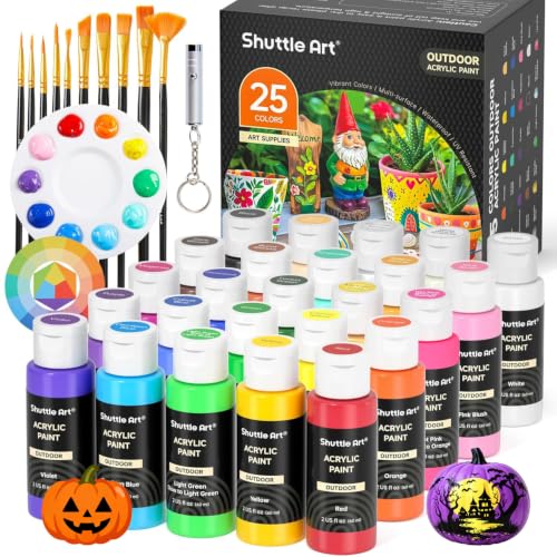 Shuttle Art 25 Colors Outdoor Acrylic Paint Set, 2oz/60ml Waterproof Acrylic Paint with 10 Brushes 1 Palette, Rich Pigmented Paints for Artists, Beginners on Rocks, Wood Crafts, Garden Statues