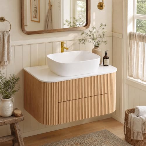 homary 31.5 Inch Floating Bathroom Vanity with Sink, Modern Wall Mounted Bathroom Cabinet, Natural Ash Wood Fluted Vanity with 2 Drawers for Small Bathroom, Guest Bathroom