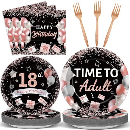Image of gisgfim 96 Pcs 18th Birthday Plates and Napkins Party Supplies Rose Gold Black Time To Adult 18th Birthday Party Tableware Set 18 Years Old Birthday Decorations Favors Girls for 24 Guests
