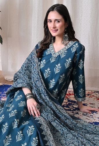 Image of MEERA FAB Women Floral Printed Sequined Cotton Straight Kurta with Palazzos & Dupatta | Sanganeri Print