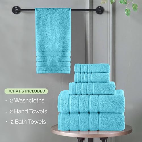 Image of Elegant Comfort 4 Lines Viscose Stripe 6-Piece Premium Towel Set - 100% Turkish Cotton High Absorbent Luxury Bathroom Towels - Includes 2 Washcloths, 2 Hand Towels and 2 Bath Towels Set, Aqua