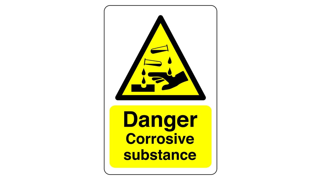 Safety First Display Ltd Yellow/Black Danger Corrosive Substance Sign - High Tack Self-Adhesive Sticker (150Mm X 100Mm) Viewing Distance Within 3M.