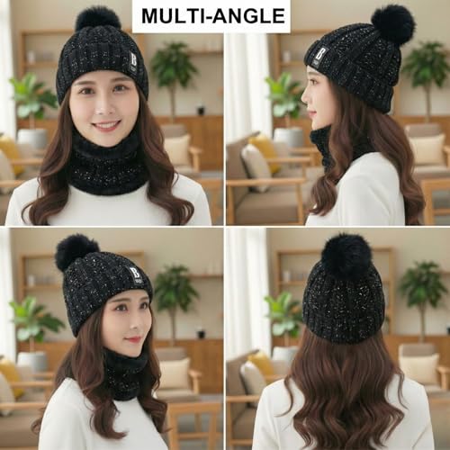 Image of Kraptick Women's Winter Beanie Cap and Scarf Set with Soft Fleece Lining, Thick Cable Knit Woolen Cap for Ladies & Neck Warmer for Extreme Cold Stylish Pom Pom Hat & Scarf Set -7