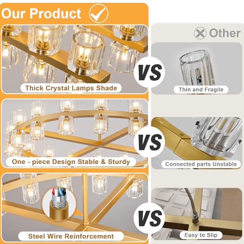 Image of Crystal Brass Rectangle Chandeliers for Dining Room, 54in Gold Farmhouse Chandeliers for Dining Room, Modern Rectangle Crystal Chandelier for Kitchen Island Living Room, Includes 60XG4 Bulbs