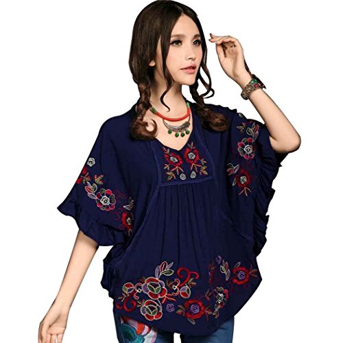 Kafeimali Women's Tops Embroidered Loose Peasant Mexican Blouse Shirt