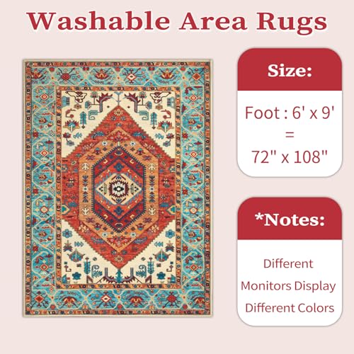 SERISSA Washable Rugs 6x9 Boho Area Rugs, Large Non-Slip Living Room Rug, Ultra Soft Vintage Oriental Tribal Farmhouse Orange Carpet for Dining Room Bedroom Dorm Office Home Decor