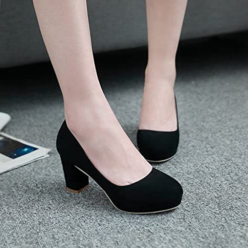 Women's Round Toe Platform Chunky High Block Heel Pumps Suede Slip-On Casual Work Office Dress Shoes4