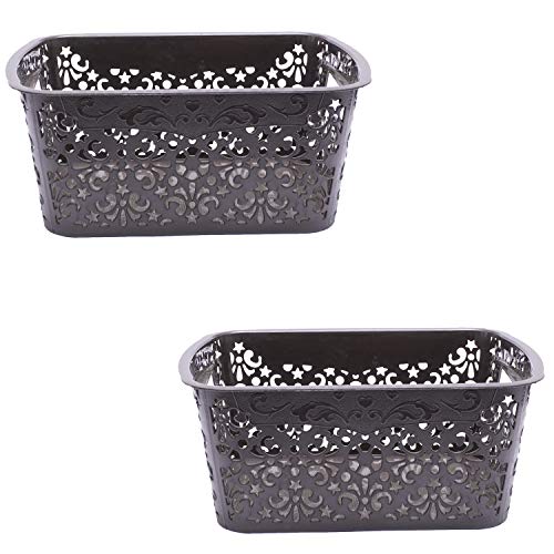 Image of Cutting Edge Essentials Plastic Storage Baskets /Shelf /Turkish Rack without Lid - Set of 2 for Fruit Vegetable Bathroom Stationary Home Basket with Handle (Brown, Small)