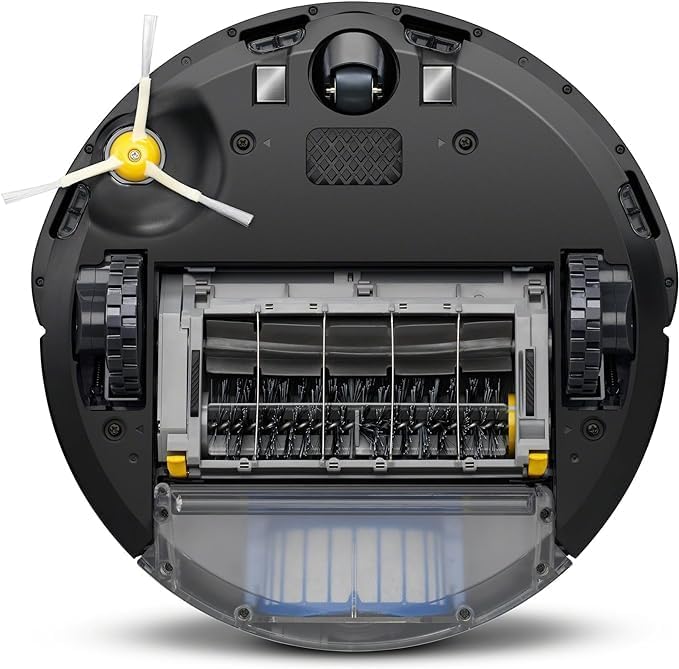 Underside view of the iRobot Roomba 697, showing the multi-surface brushes, side brush, and dust bin compartment.