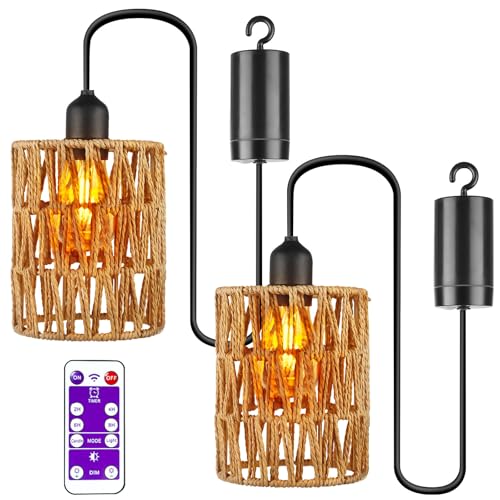2 unidades de lámpara colgante con batería, lámpara alimentada por batería con control remoto, lámpara de techo sin conexión eléctrica, lámpara de ratán, lámpara boho para patio, jardín, sala de estar