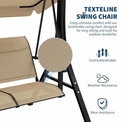 Image of GarveeLife 3-Seat Patio Swing Chair, Outdoor Porch Hanging Chairs with Adjustable Canopy and Armrests, Breathable Textilene Fabric Seat & Backrest, Swing Bench for Garden, Poolside, Backyard, Beige