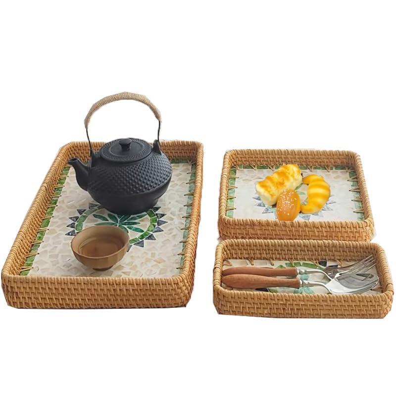 I-lan Vassoio In Rattan Blu Con Intarsio Madreperla - 43x33 Cm, Cesto Decorativo In Vimini Fatto A Mano Per Colazione, Frutta, Gioielli - 4