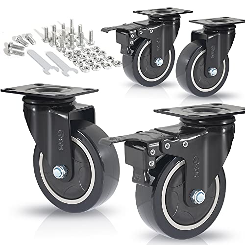 FOSLAP Heavy Duty Castor Wheels 600KG 100mm with Wrench and Bolt Screws - PU Rubber Swivel Wheels for Moving Furniture and Trolley (Black 2 Brakes 2 Non Brakes)